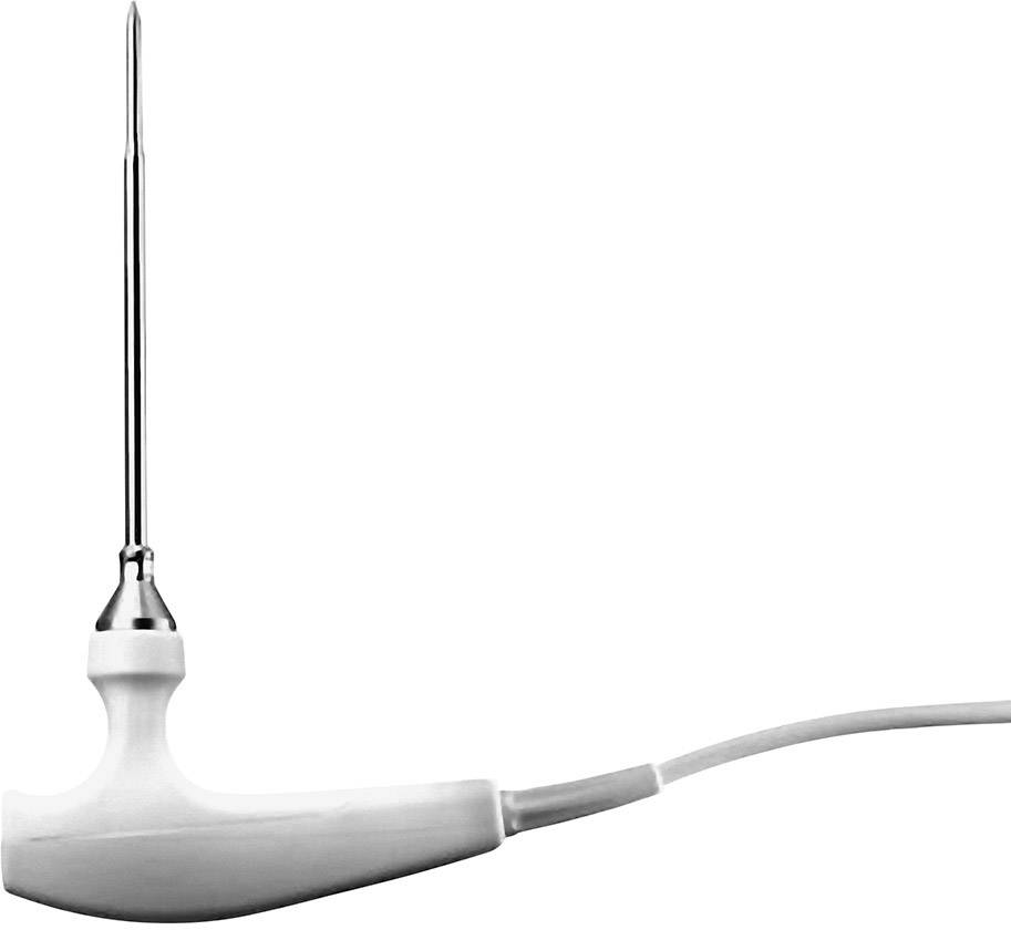 A white cable sensor with a long, thin metal tip. Suitable for temperature measurements in cooking processes.