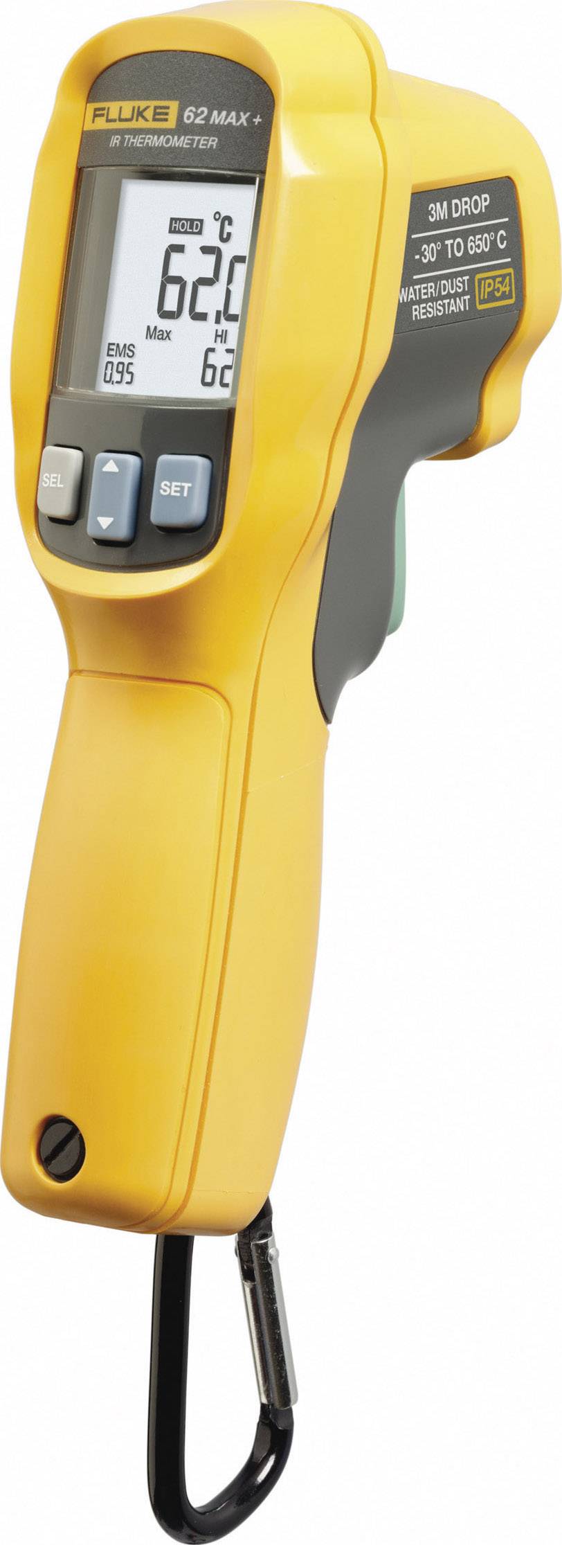A yellow infrared thermometer, model 'Fluke 62 MAX+', displays a temperature reading of 62 °C. It has a compact design.