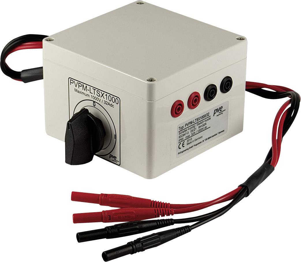 Grey PV test device with multiple cables and connections, used for checking the performance of solar modules.