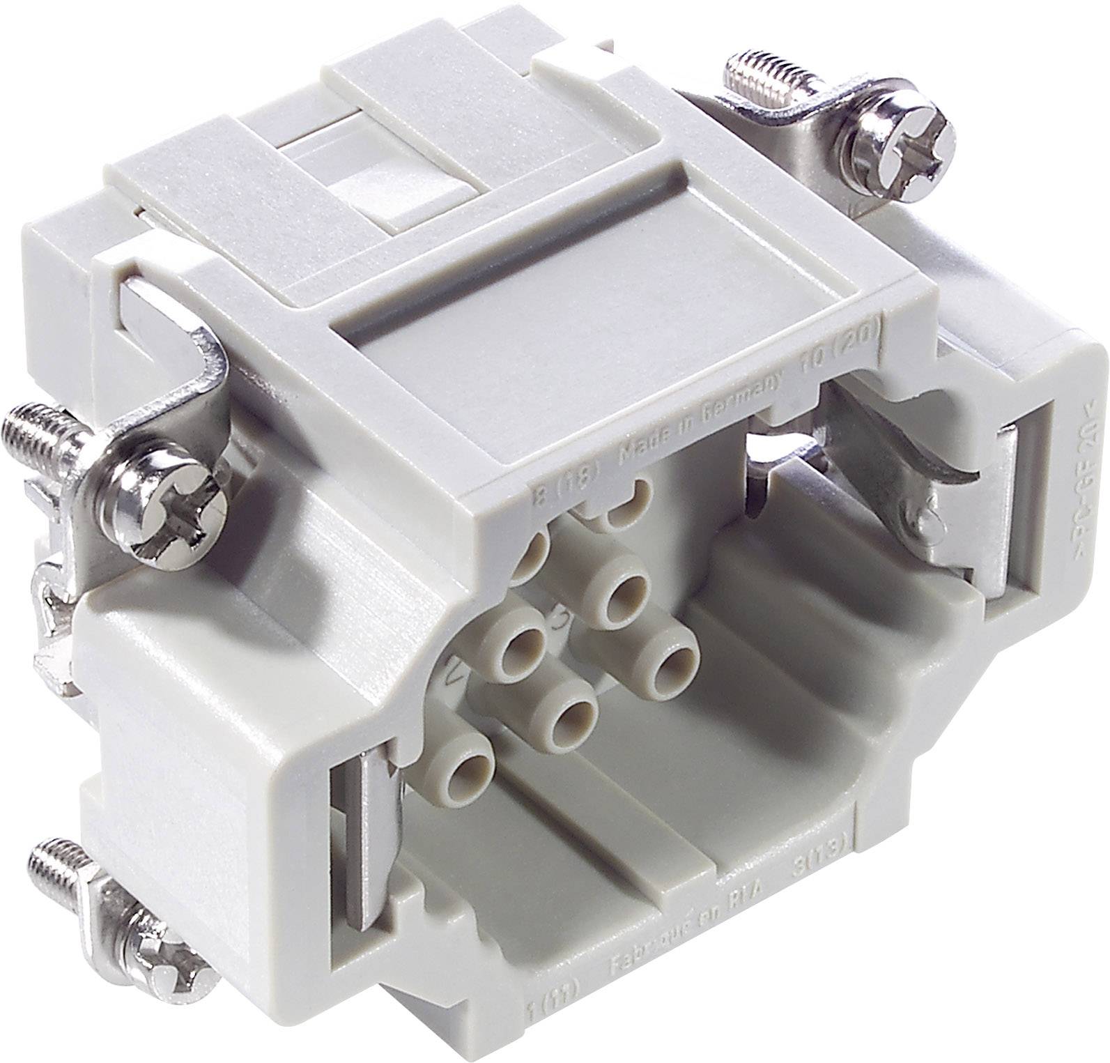 A white electrical connector with multiple connection pins. Visible screws at the corners are used for mounting.