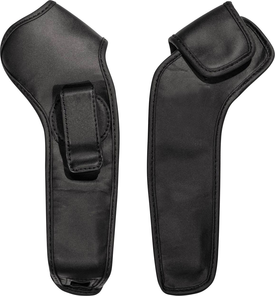 Two black, protective leather sheaths with hook-and-loop fasteners. They are oblong in shape and designed for individual items.