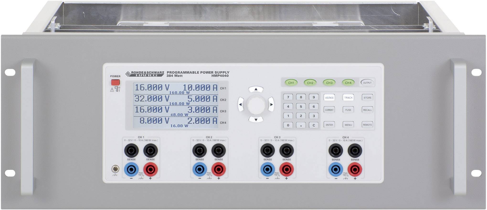 Programmable Power Supply with Display and Input Field. Displays Measurement Values: Voltage (V) and Current (A). Multiple Connectors at the Bottom.