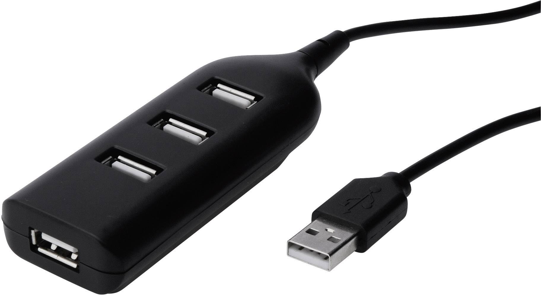 A black USB hub with three USB ports and a USB plug, ready to connect to a computer or other devices.