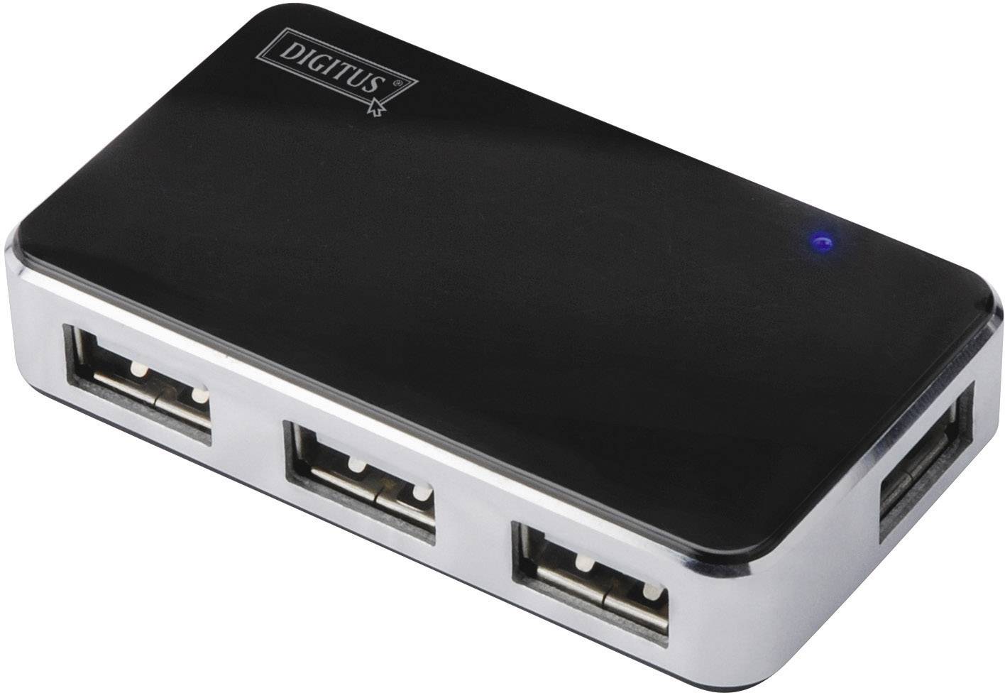 Black USB hub with four ports and a blue LED indicator on the top surface.