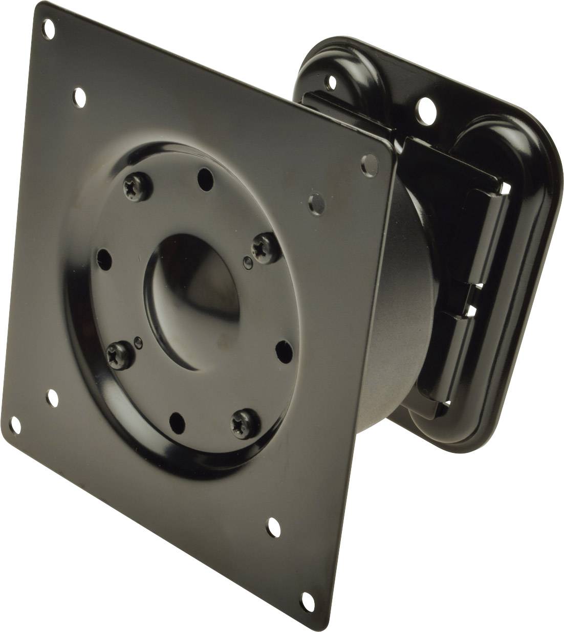 A black metal turntable mechanism with mounting holes at the corners, suitable for installation on furniture or chairs.
