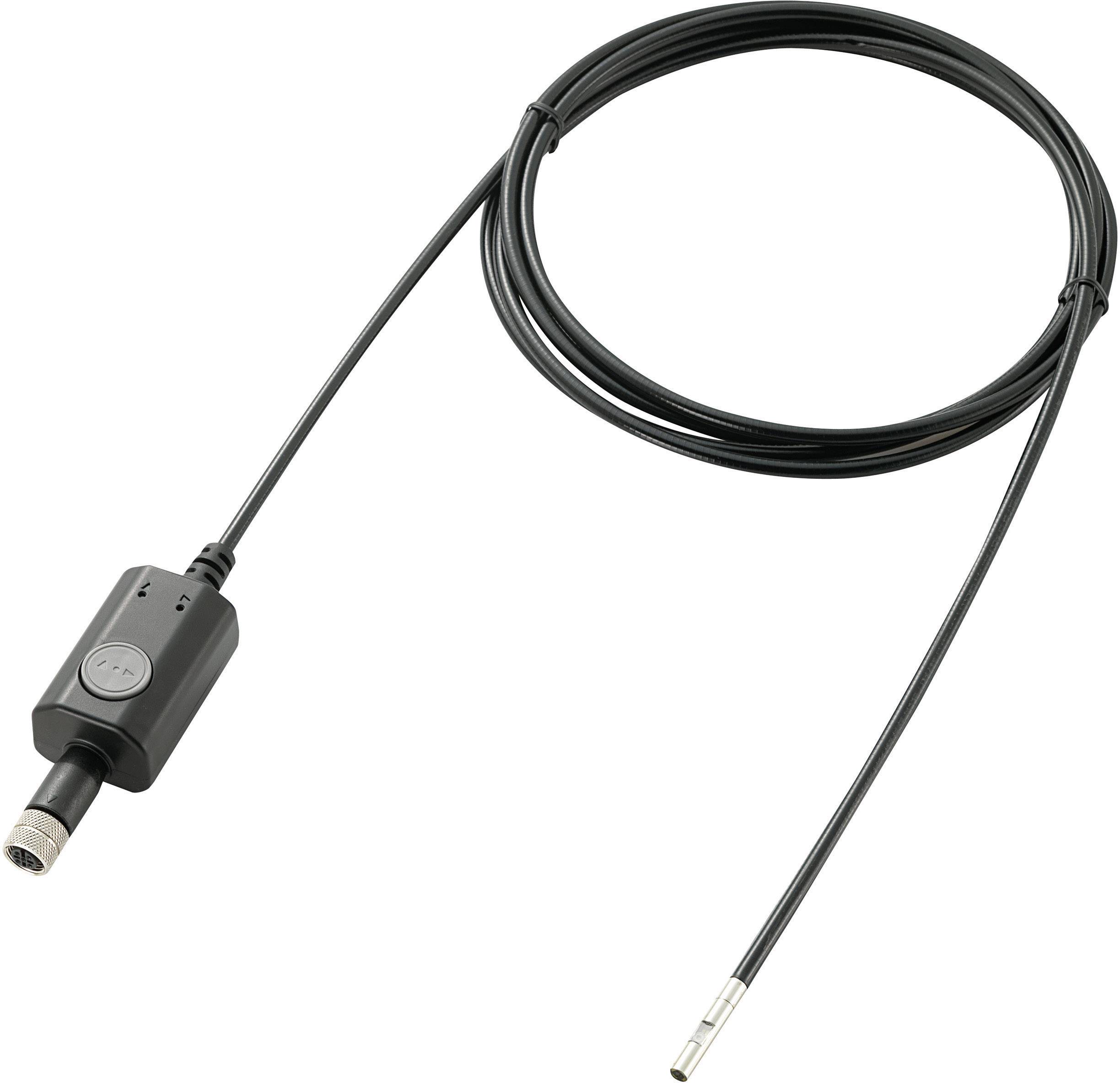Black cable with a rectangular housing and a metal plug on one side, sensor on the other side.