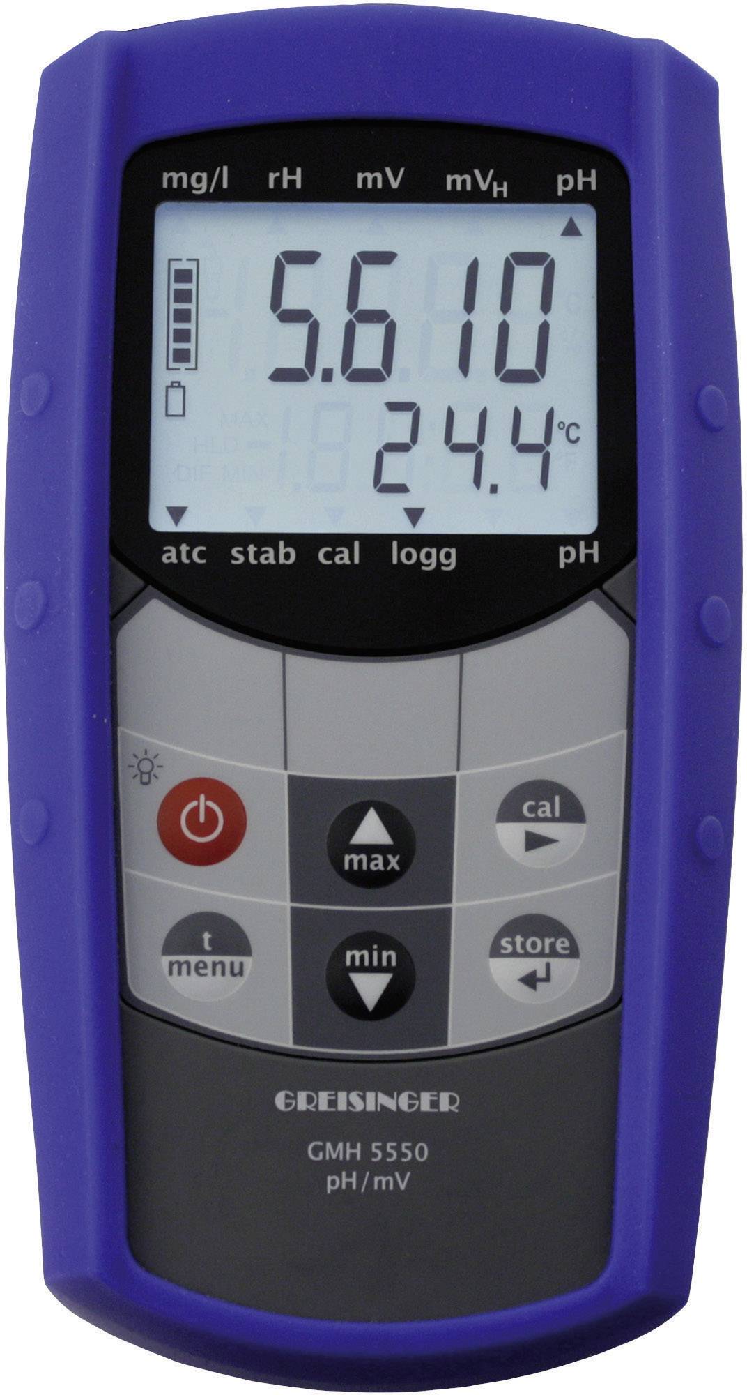 A digital measuring device with a large display shows '5.6' and '24.4°C'. The device has operation buttons and a blue border.