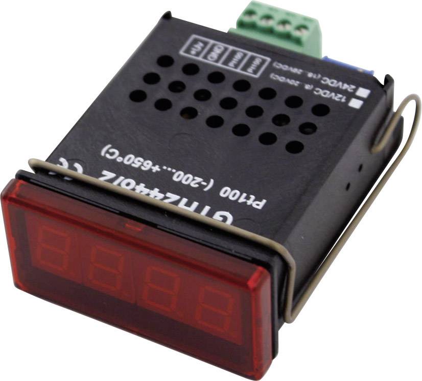 A digital voltmeter with a red LED display, surrounded by a black housing with ventilation holes and connecting terminals.