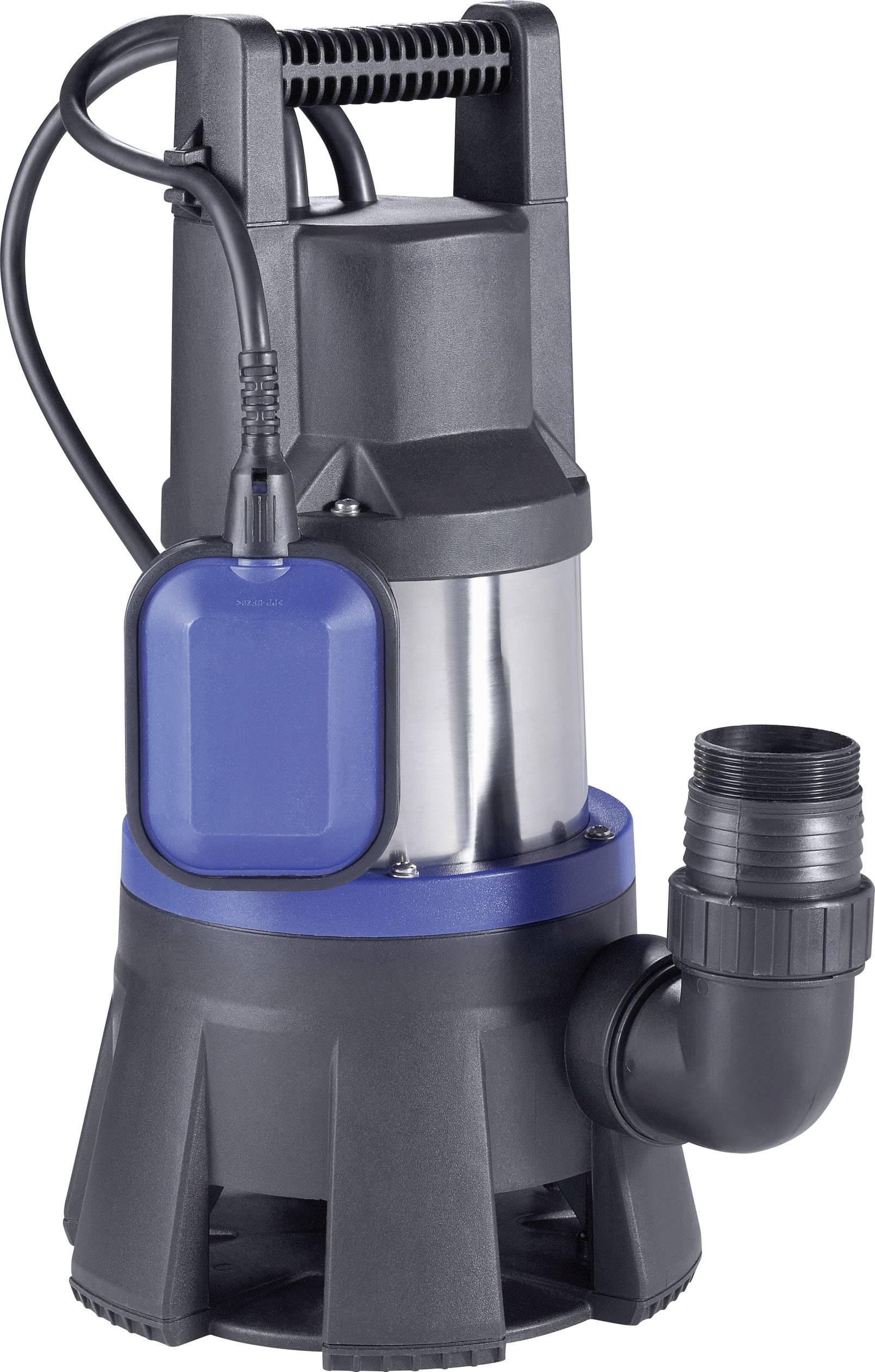 A black and blue submersible pump with a flexible pipe connection and an electrical connection cable; suitable for water drainage.
