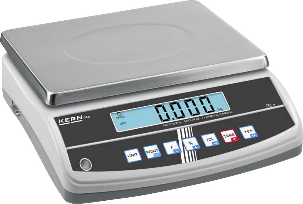 Kern GAB 12K0.1N GAB 12K0.1N Table top scales Weight range 12 kg Readability 0.1 g mains-powered, rechargeable Silver