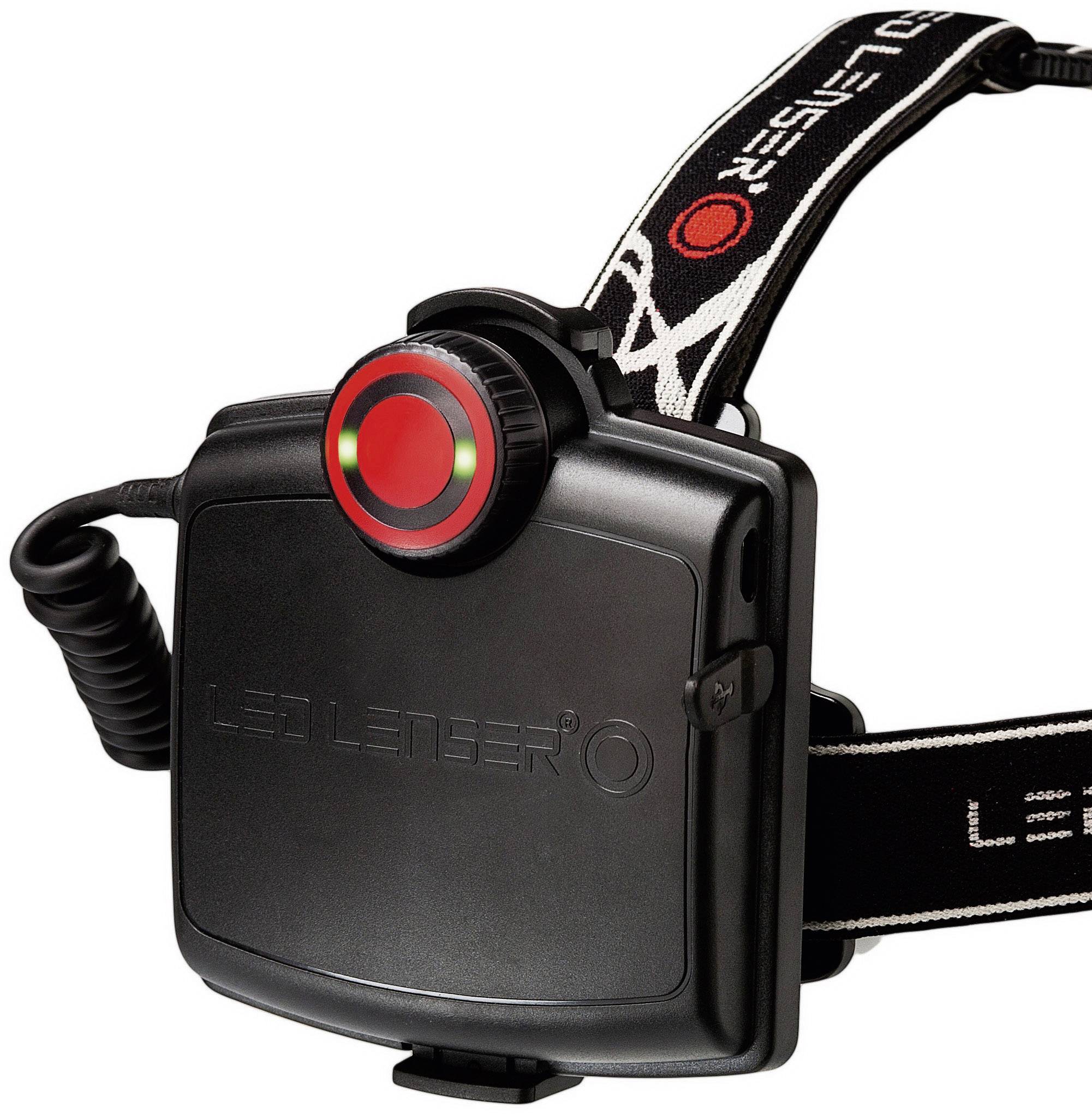 A black LED Lenser head torch with red light on a black elastic strap, suitable for night hikes or working in the dark.