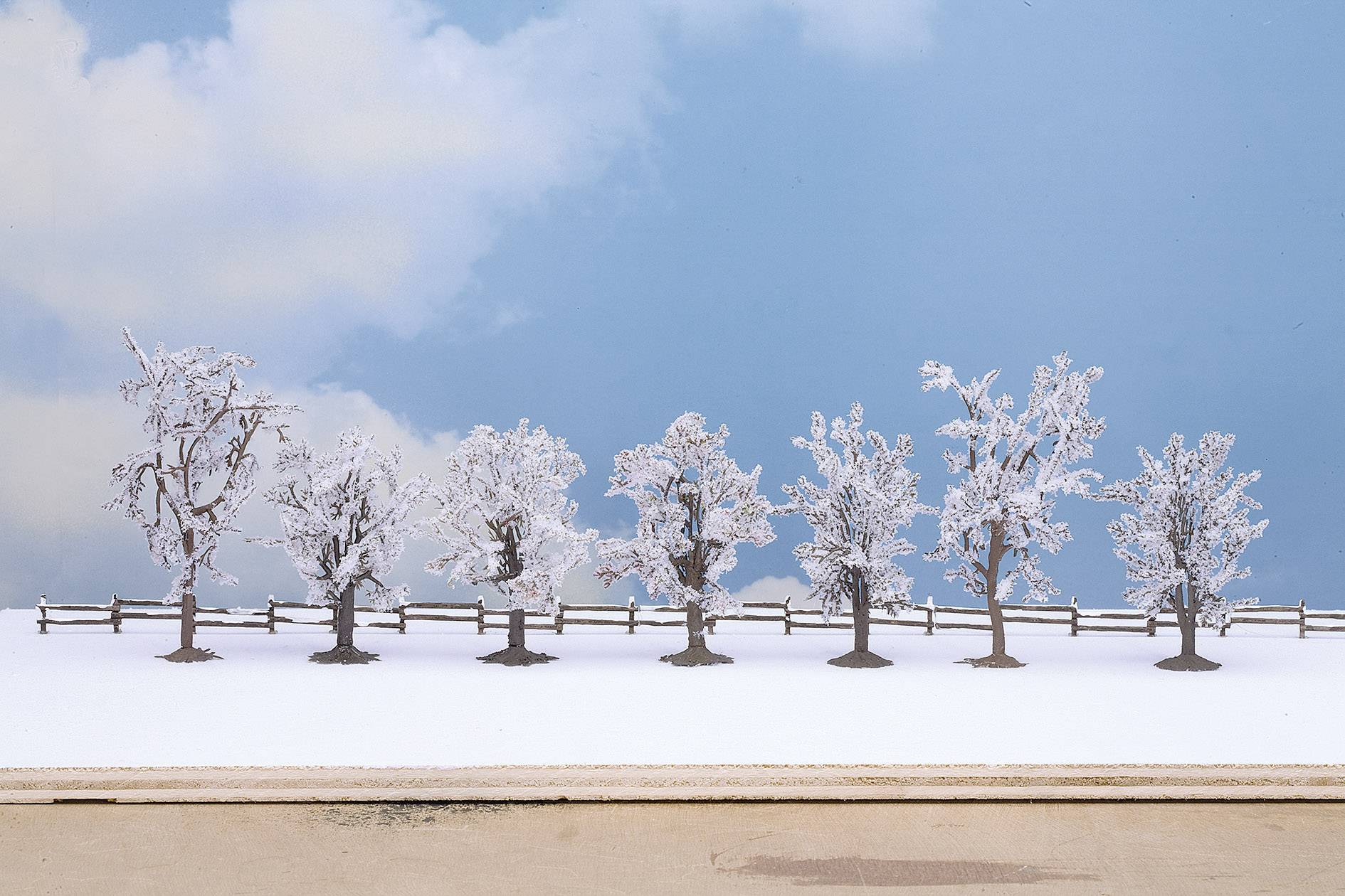 Snow-covered landscape with a row of bare trees in front of a wooden fence, blue sky in the background.