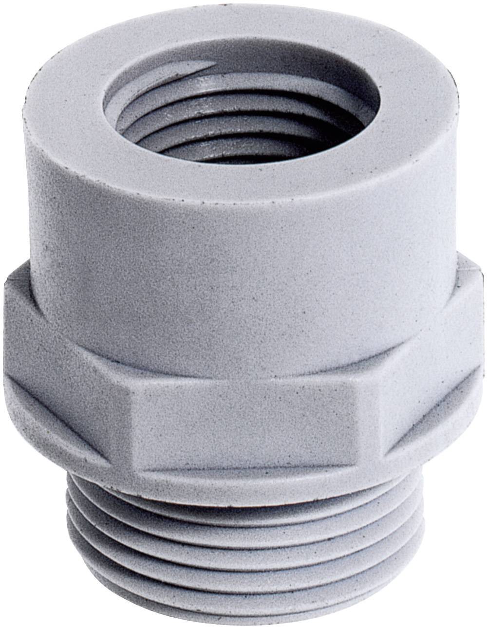 Grey, cylindrical plastic fitting with internal and external threads, likely used for pipe connections in technical applications.