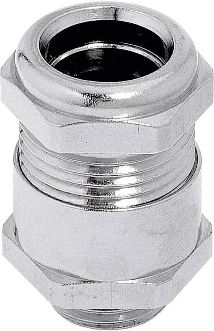 A silver-coloured, metallic connector, cylindrically shaped with ribbed details, used for connecting electrical cables.
