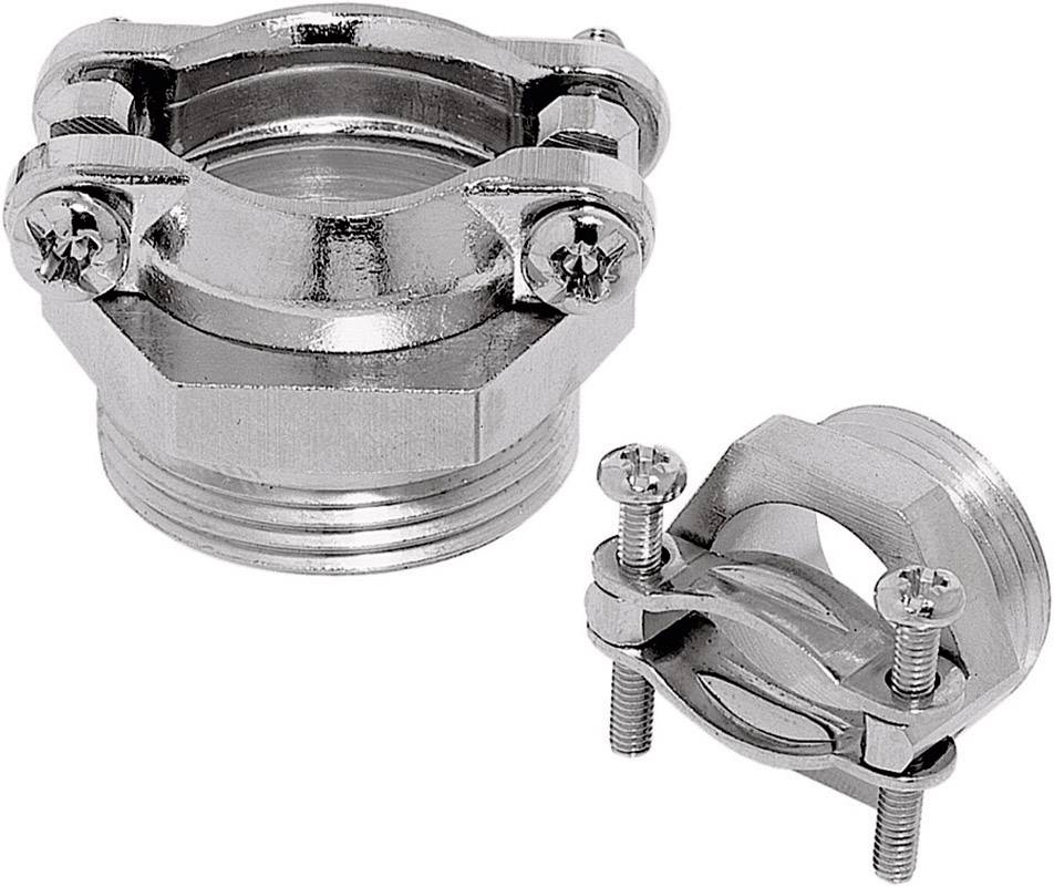 Two gleaming metal pipe connections with screws and nuts. The larger connection shows threading and clamping area.