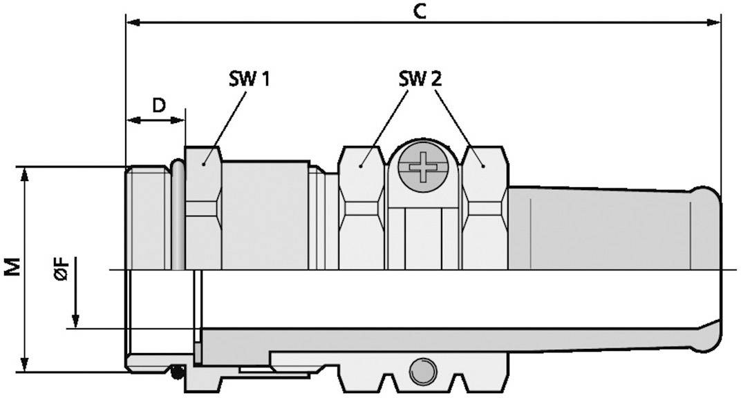 Technical drawing of a valve, side view. Dimensions C, M, D and ØF, as well as the markings SW1 and SW2 are highlighted.
