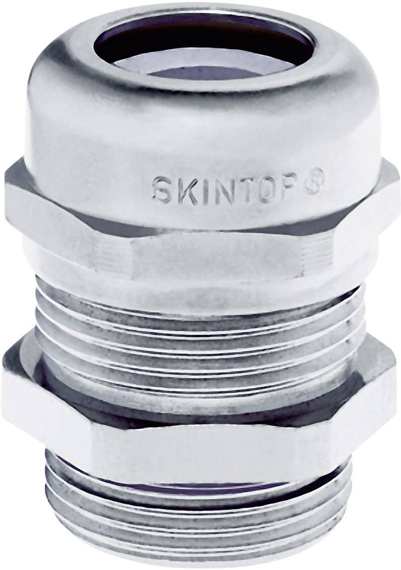 Metal cable gland with a ribbed surface, suitable for industrial use. Engraved text: 'SKINTOP'.
