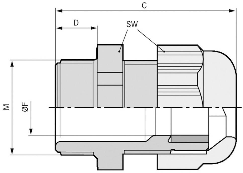 Technical drawing of a hydraulic coupling; parts are labelled with dimensional specifications C, D, M and ØF as well as SW.