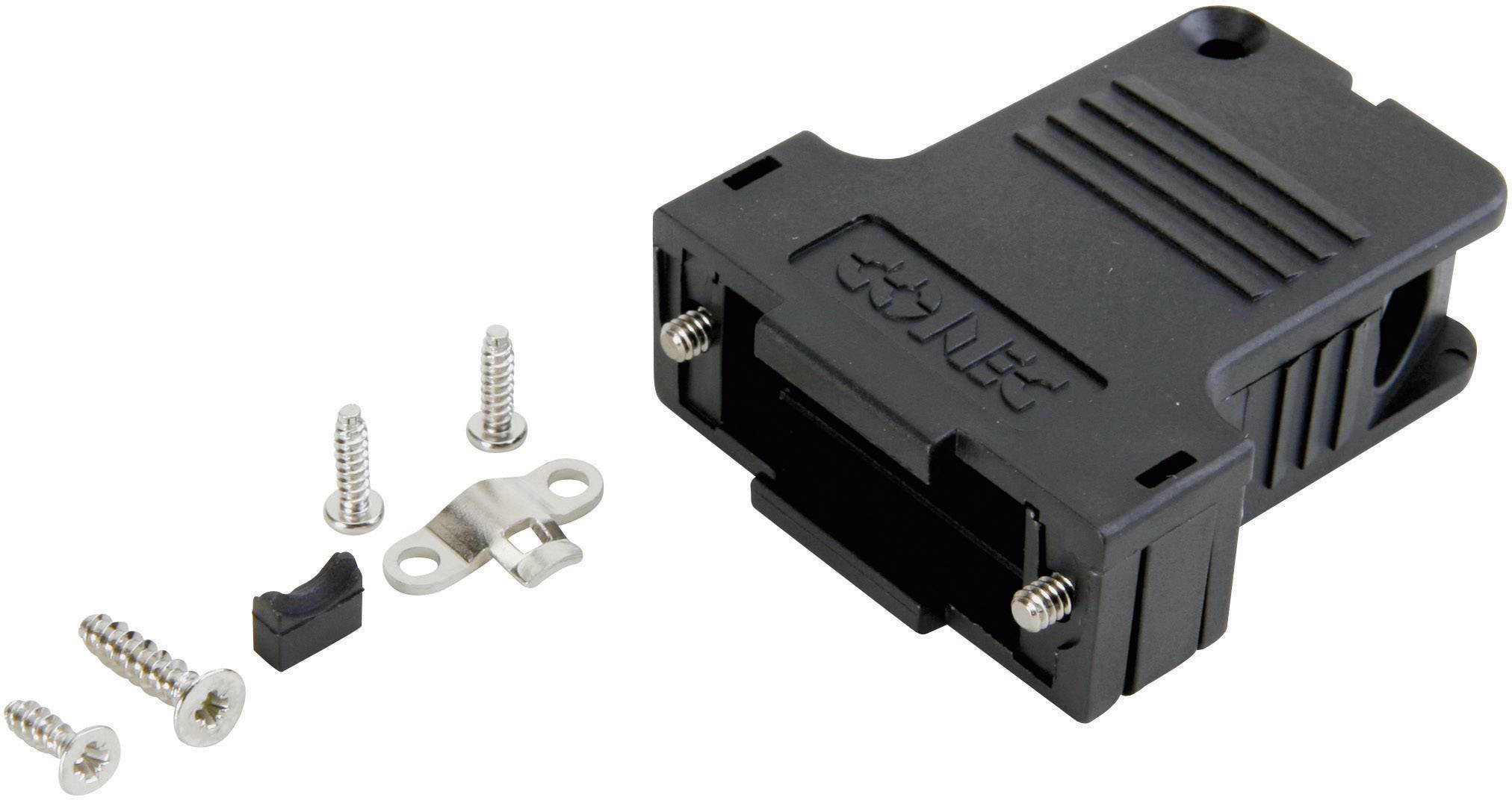 Black plastic housing for D-sub connector, with four screws and a metal clip, for mounting and stabilisation.