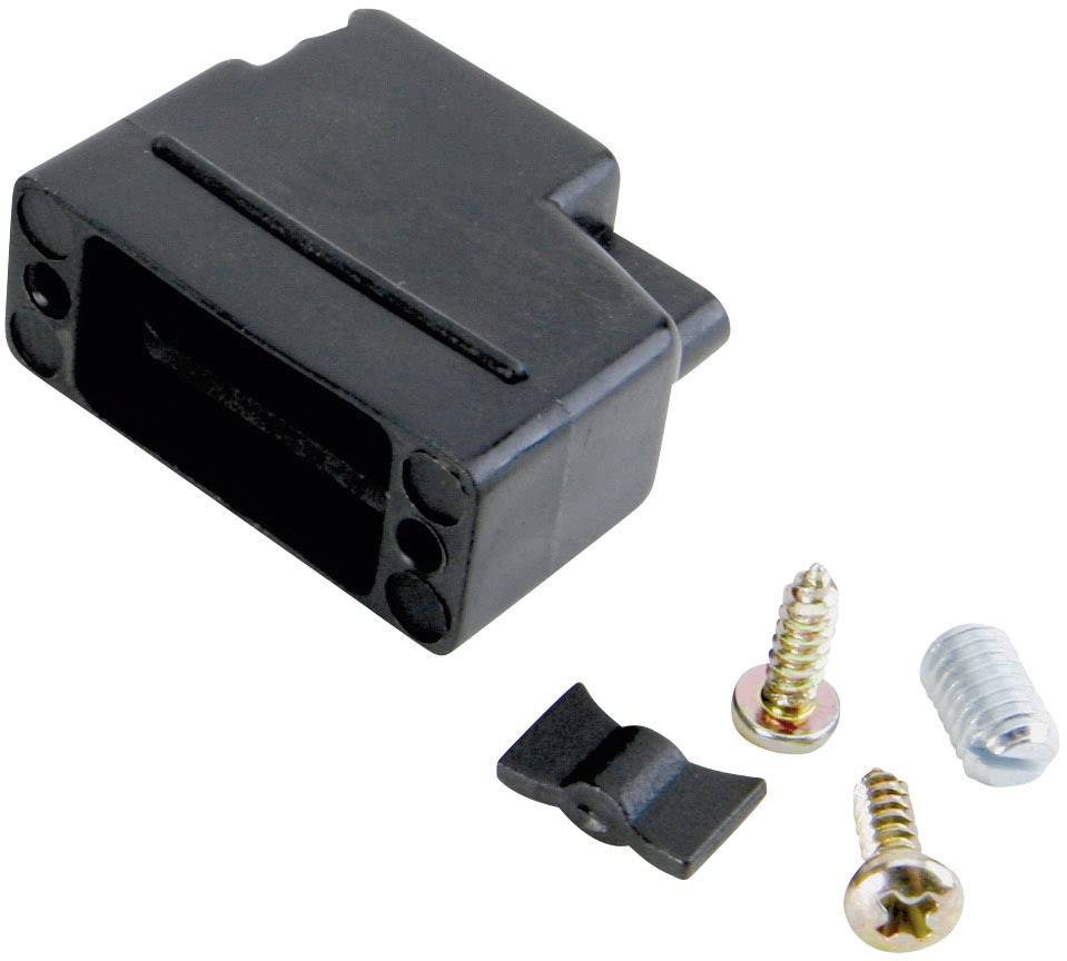 A black plastic casing with two screws and a clamp, presumably part of an electronic connector system.