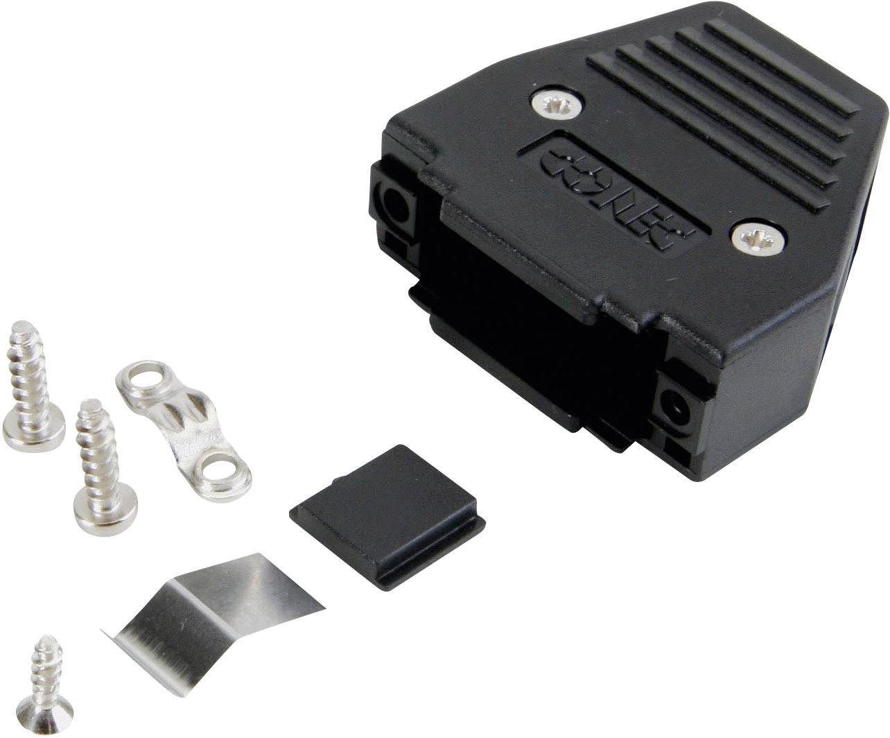 Black plastic cable connection housing, including screws and metal mounting bracket.