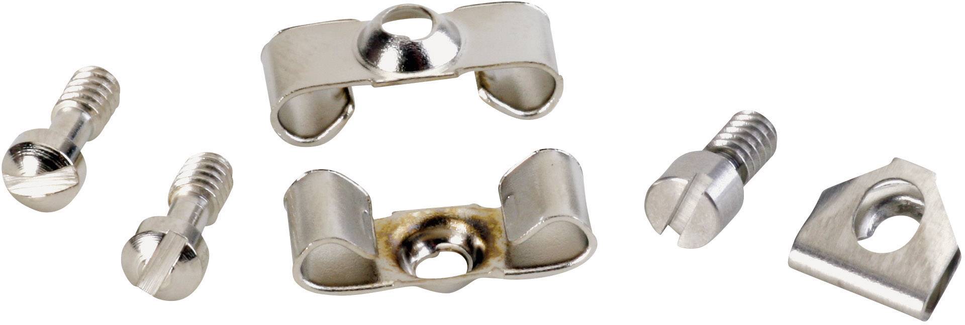 Five metal parts: two retaining clips and three screws. Suitable for fastenings in various applications.