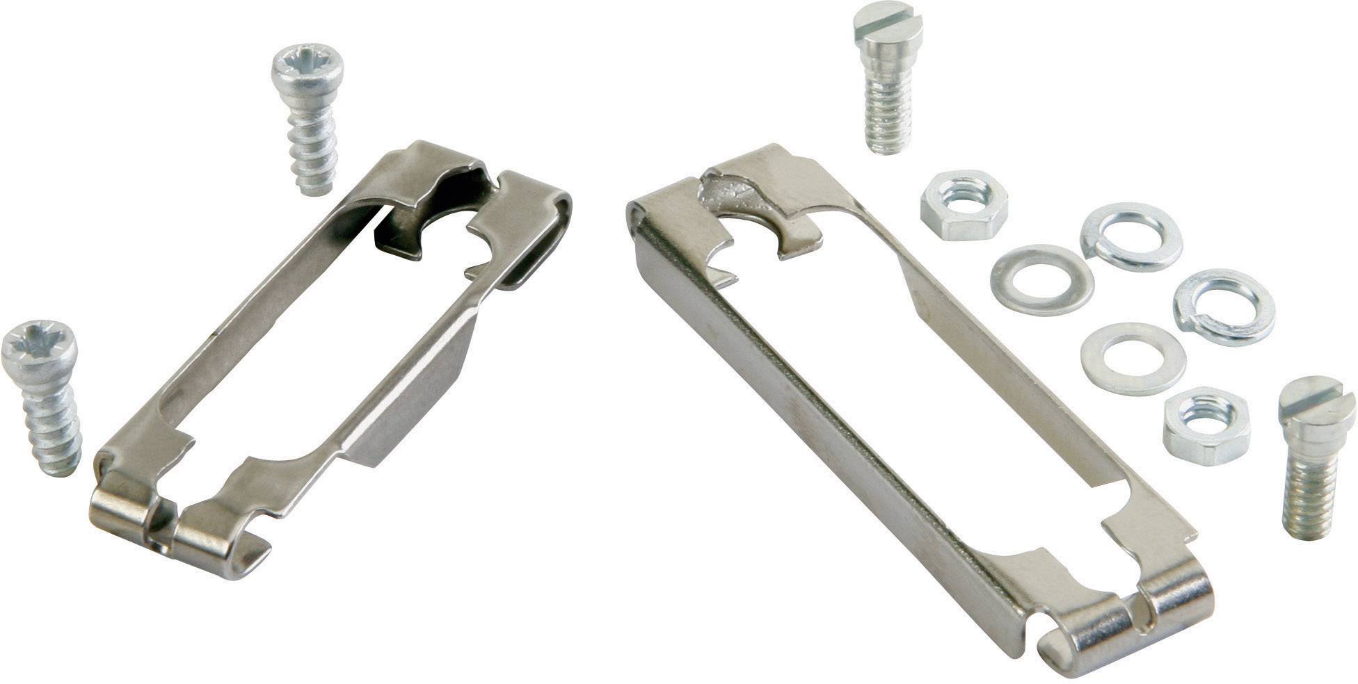 Metal brackets, screws, nuts and washers on a white background. Suitable for mounting electrical equipment.