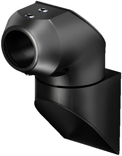 A black, curved plastic pipe with a screw fixing. It appears to be part of a ventilation system or mounting bracket.