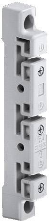 Grey, vertical electrical connection block with three slots and screw terminals for cable fastening.