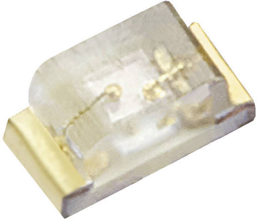 Kleine SMD-LED mit transparenter Hülle und goldenen Anschlussflächen, geeignet für Platinenmontage in elektronischen Geräten.
