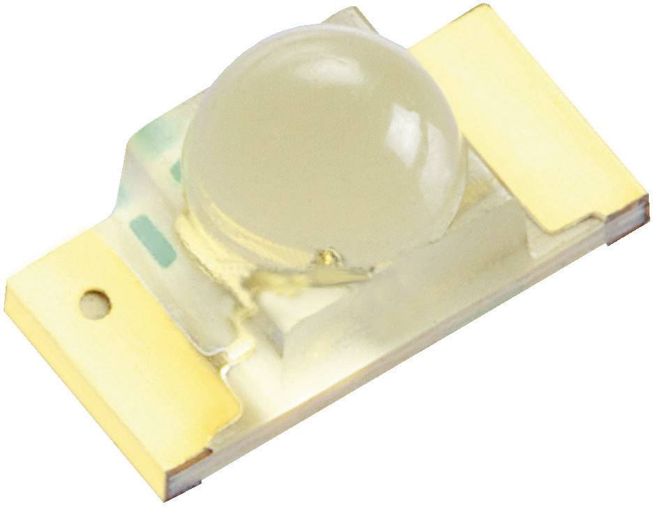Nahaufnahme einer LED mit transparentem Gehäuse und zwei Metallkontakten, platziert auf einem weißen Hintergrund.