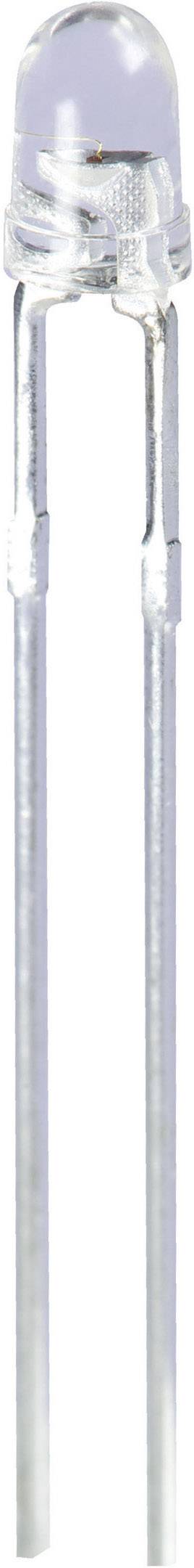 Image of a transparent, round light-emitting diode head (LED) with two long metal connections.