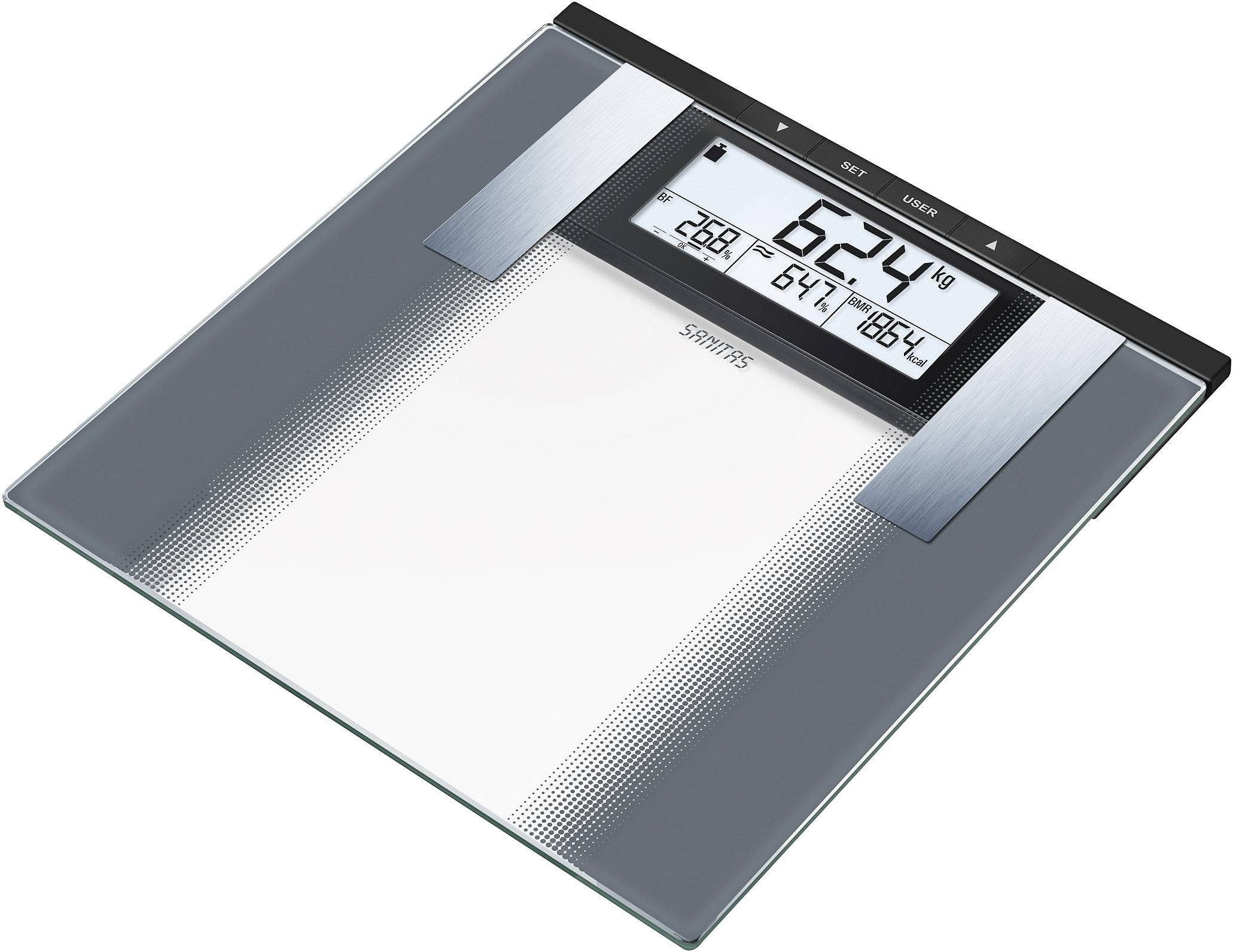 Digital Bathroom Scale with Large Display Showing '62.4 kg'. Functions: Weight Display, Memory Storage, Body Data Analysis.