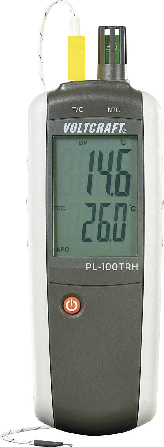 A temperature and humidity measuring device with a large display shows 14.6°C and 26.0°C. Brand logo at the top, power switch at the bottom.
