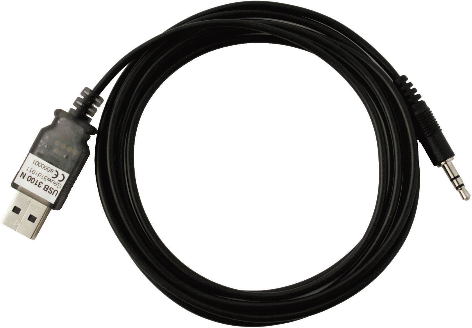 Black USB cable with 3.5mm jack plug, suitable for connecting devices such as a computer with audio or video equipment.