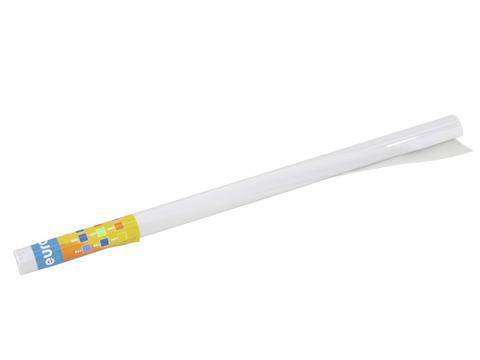 A roll of white gift wrap with a colourful label at the edge.