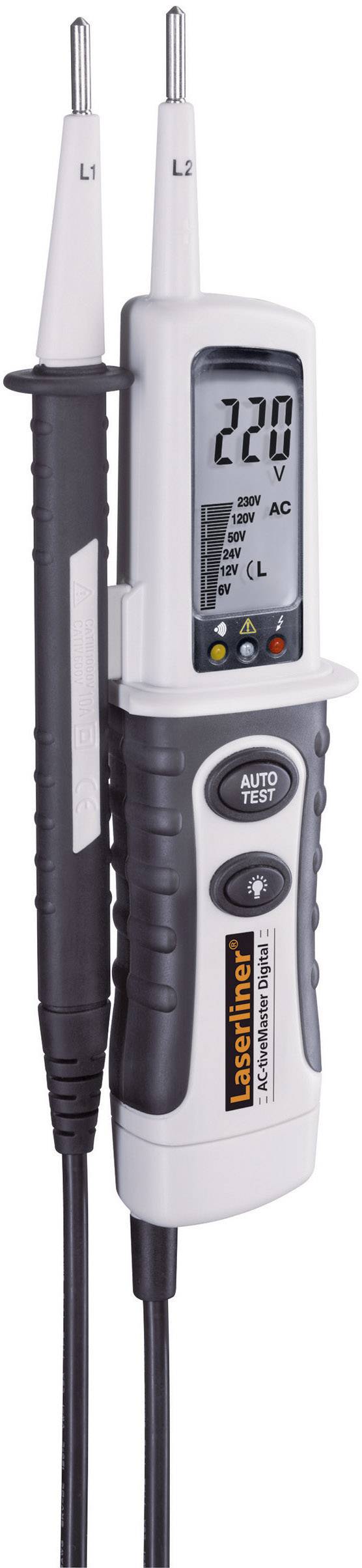 A digital voltage tester displays '220 V'. It has two test probes with cables and a display for voltage indication.