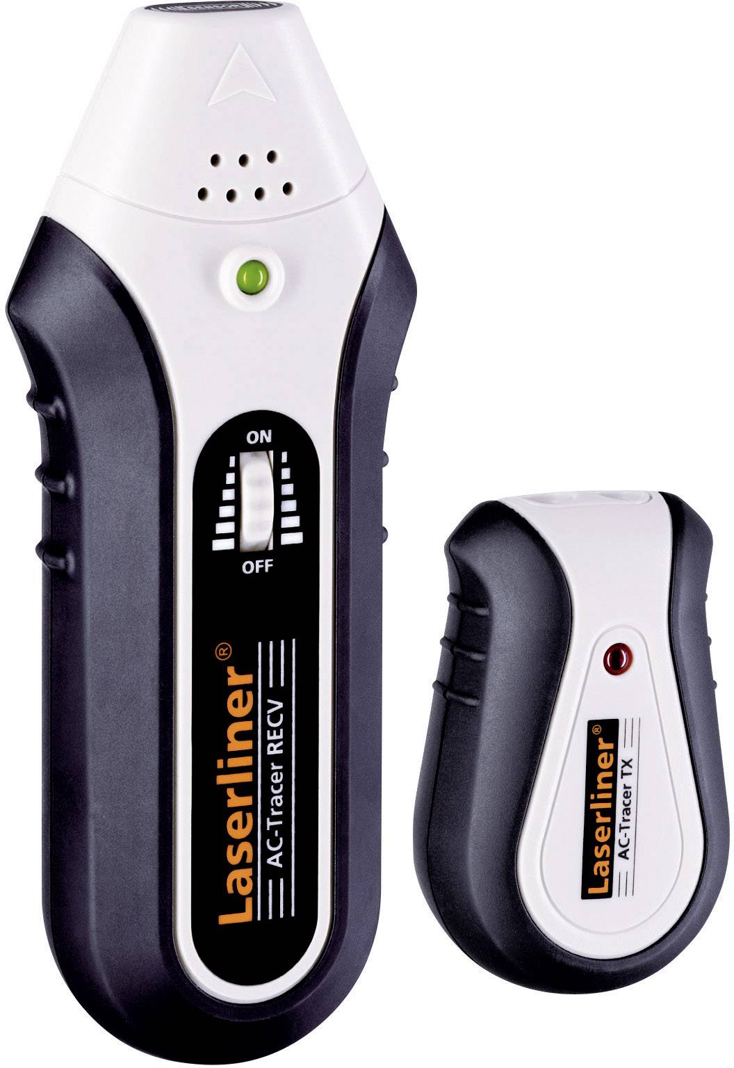 A device for locating cables and lines, consisting of a handheld scanner and a receiver, used for precise detection.