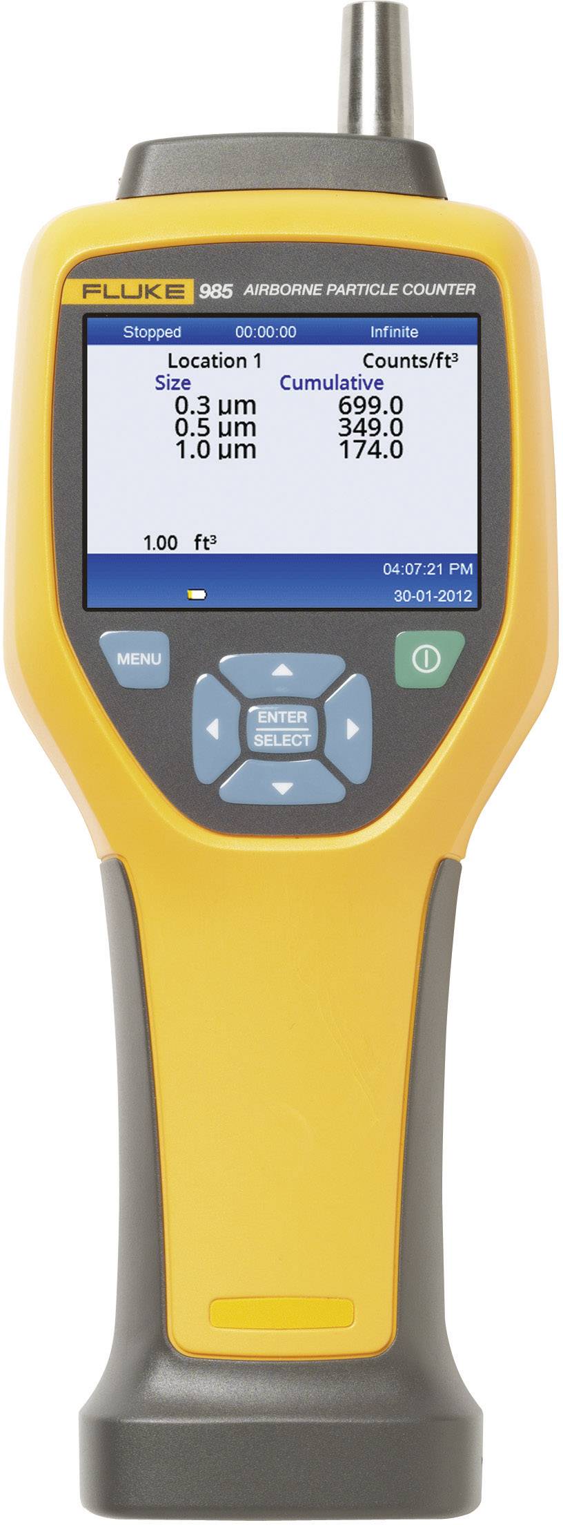 Entry size '0.3 µm' shows 998 counts. Handheld particle counter with display for air particle measurements.