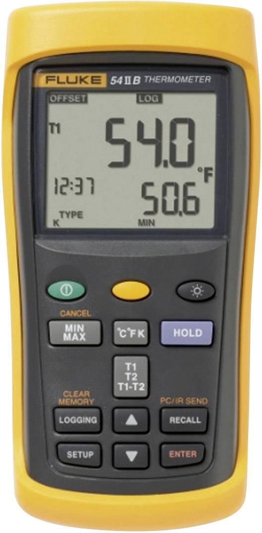 Hand-held thermometer with digital display showing '54.0°F'. Various control buttons, including MIN/MAX and HOLD. Time: 12:37.