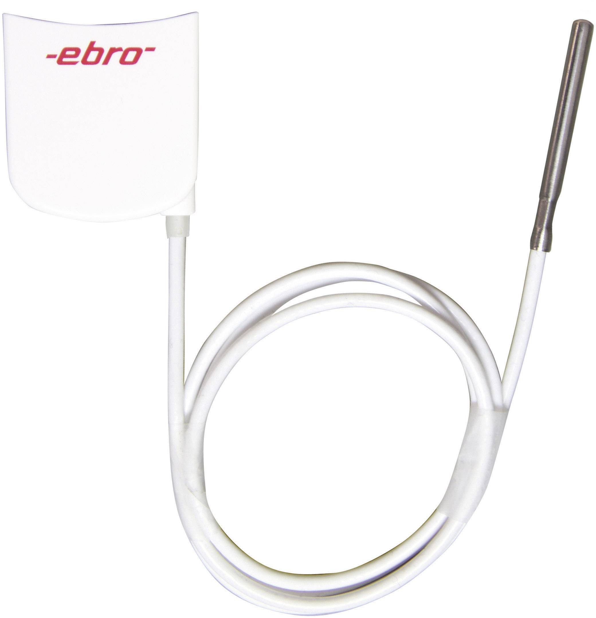 A temperature sensor with a white sensor and long cable. On the right is a metallic tip. The sensor is marked with 'ebro'.