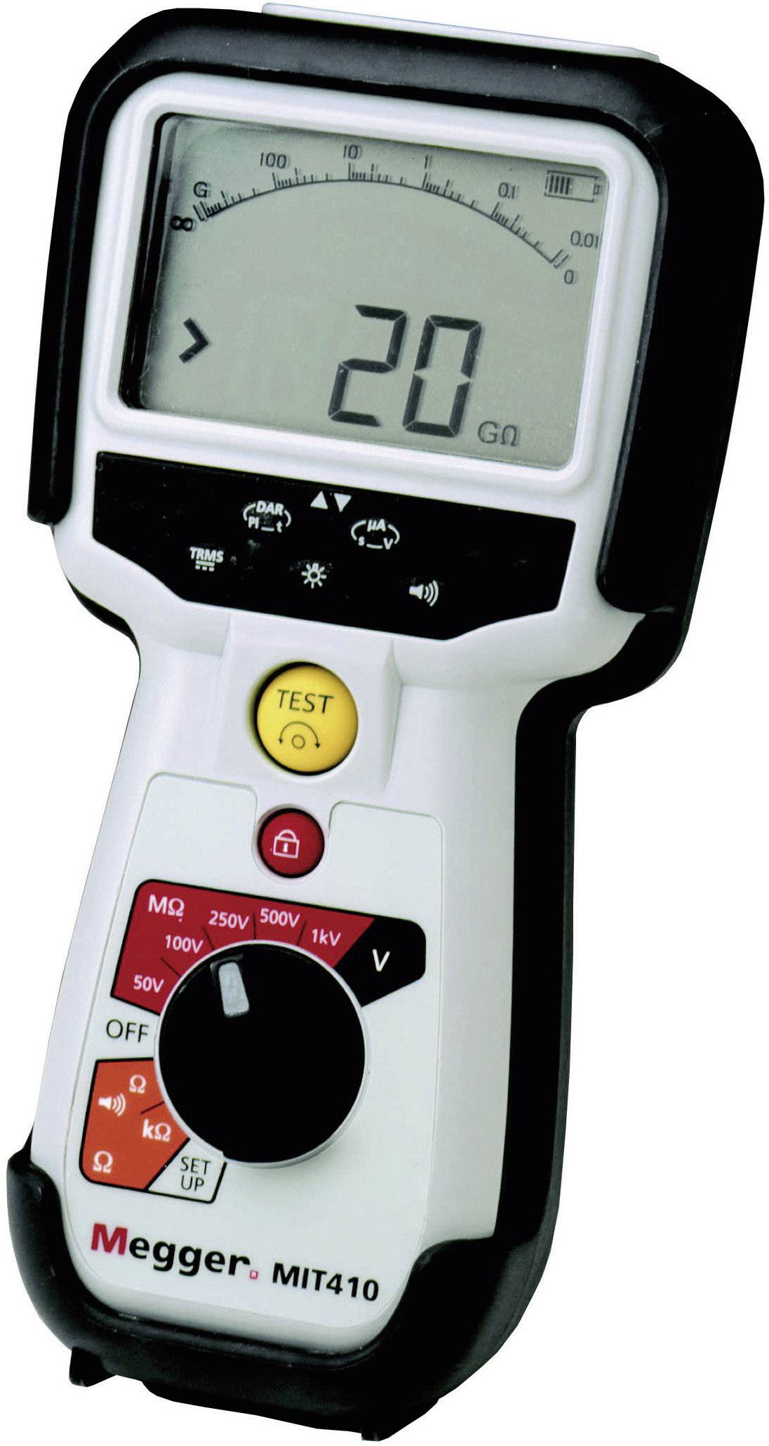 A digital insulation resistance tester (Megger MIT410) displays a value of '20 GΩ' on the screen. Contains buttons for various voltages.