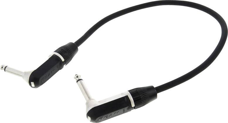 Black patch cable with two right-angled jack plugs. Commonly used to connect musical instruments or audio devices.