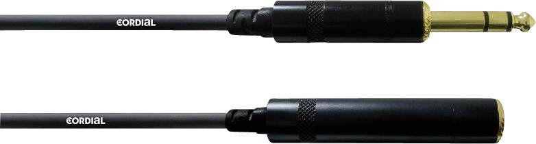 A black audio cable with a 6.35 mm jack plug and a socket by Cordial.