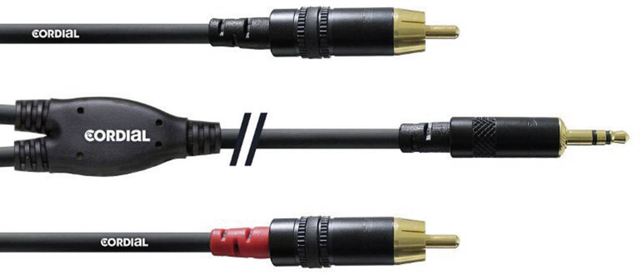 A cable with a black adapter connects two phono plugs (red and black) with a 3.5 mm stereo jack plug.