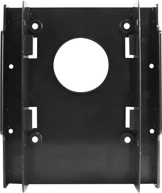 A black plastic casing with a central round hole and multiple mounting points.