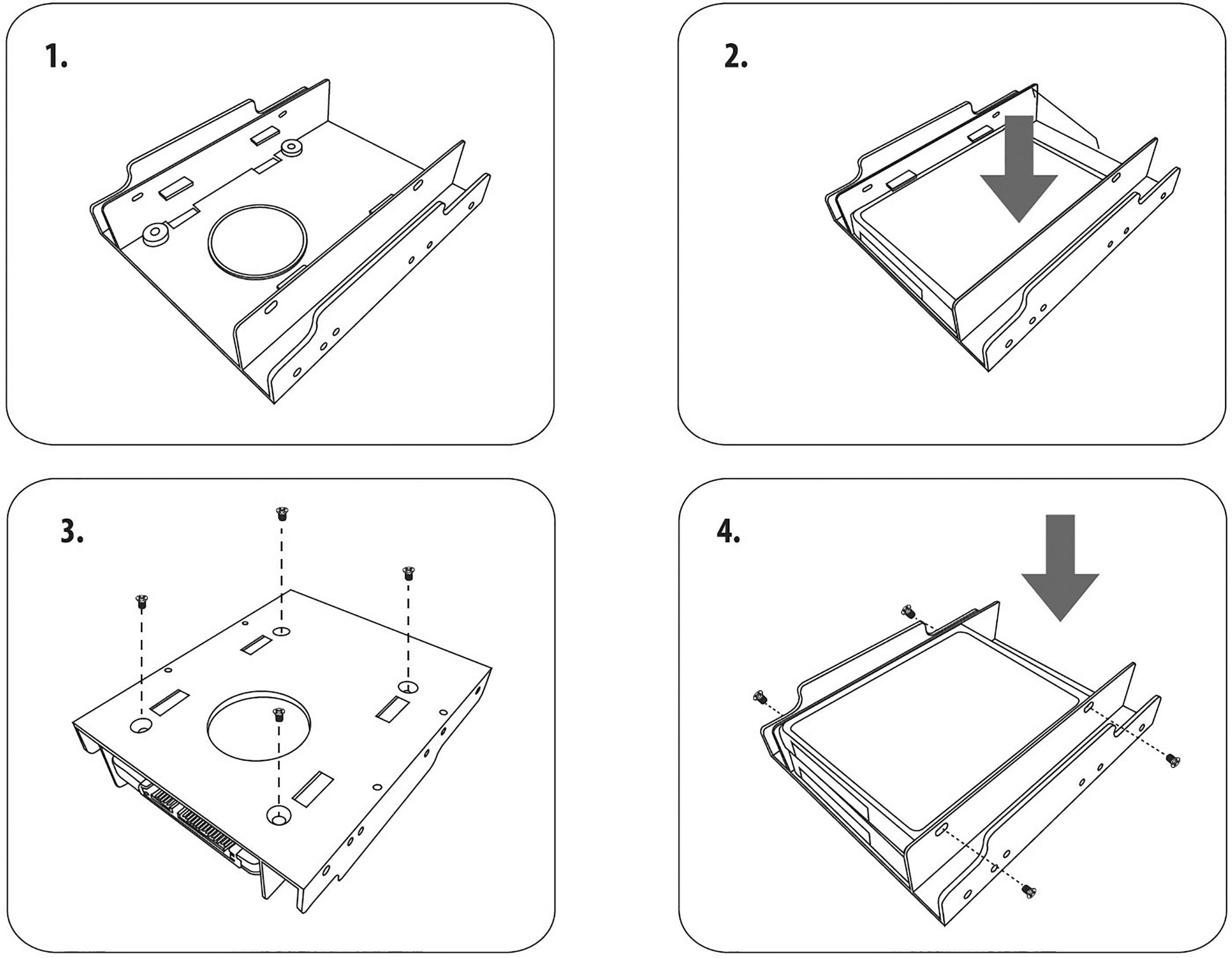 Installation Instructions for a Hard Drive:1. Hard Drive Bracket2. Insert Hard Drive3. Tighten Screws4. Close Bracket