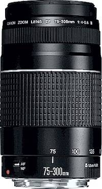 Ein schwarzes Kameraobjektiv mit Brennweitenanzeige von 75-300 mm. Es verfügt über einen Schalter für Autofokus und manuelle Fokussierung.