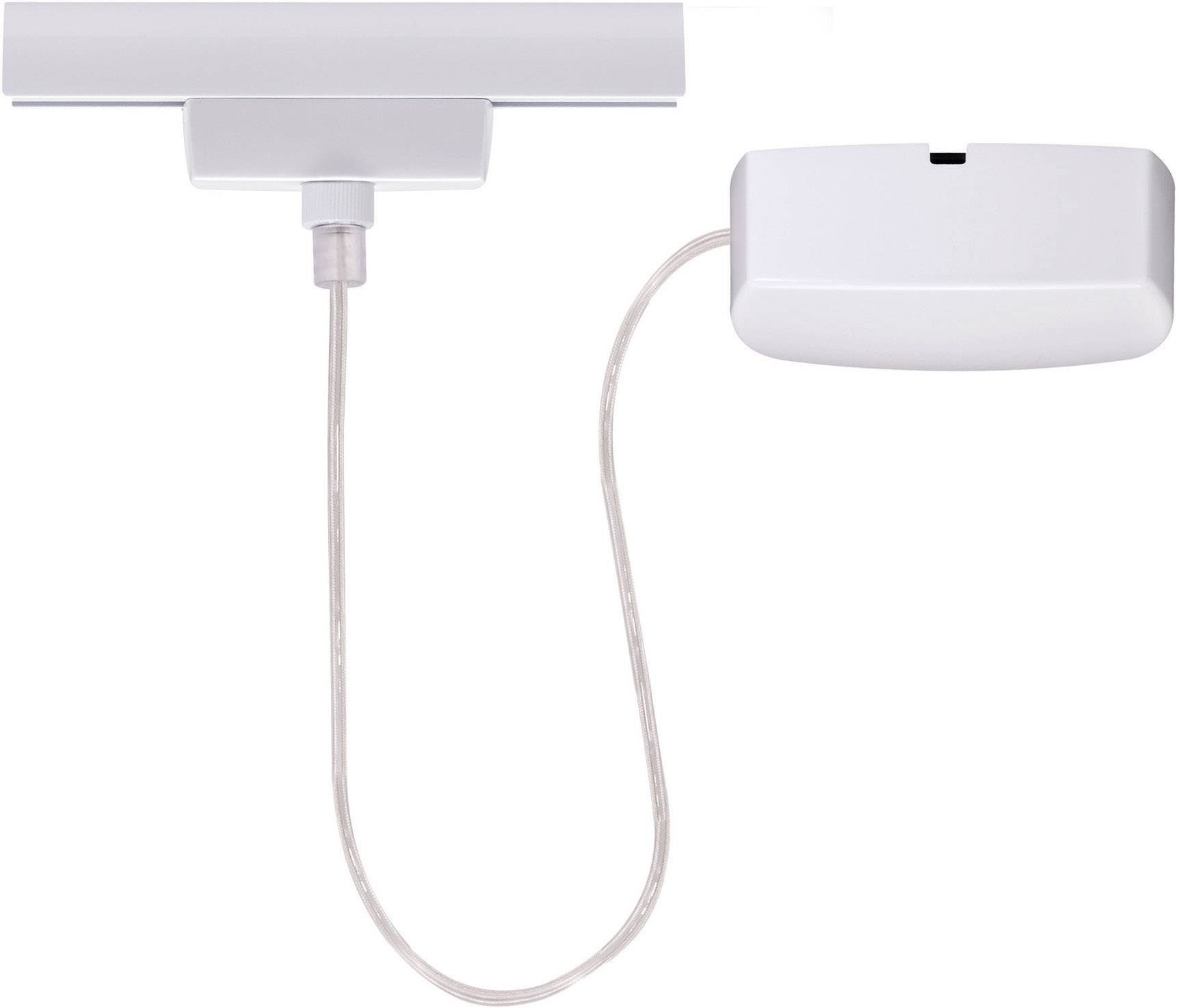 A white light system with a rectangular housing and a transparent cable attached to it, leading downwards to the right.