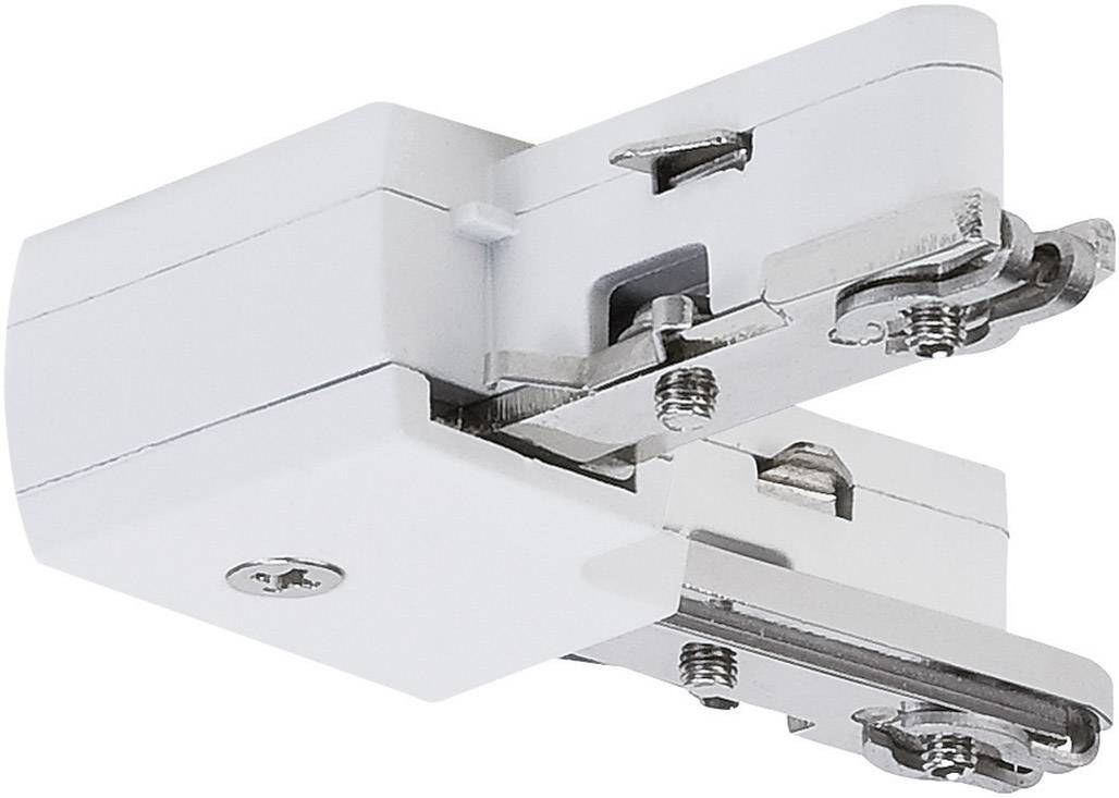 A white electrical track system connecting component with metal mechanisms, designed for installation in a lighting system.